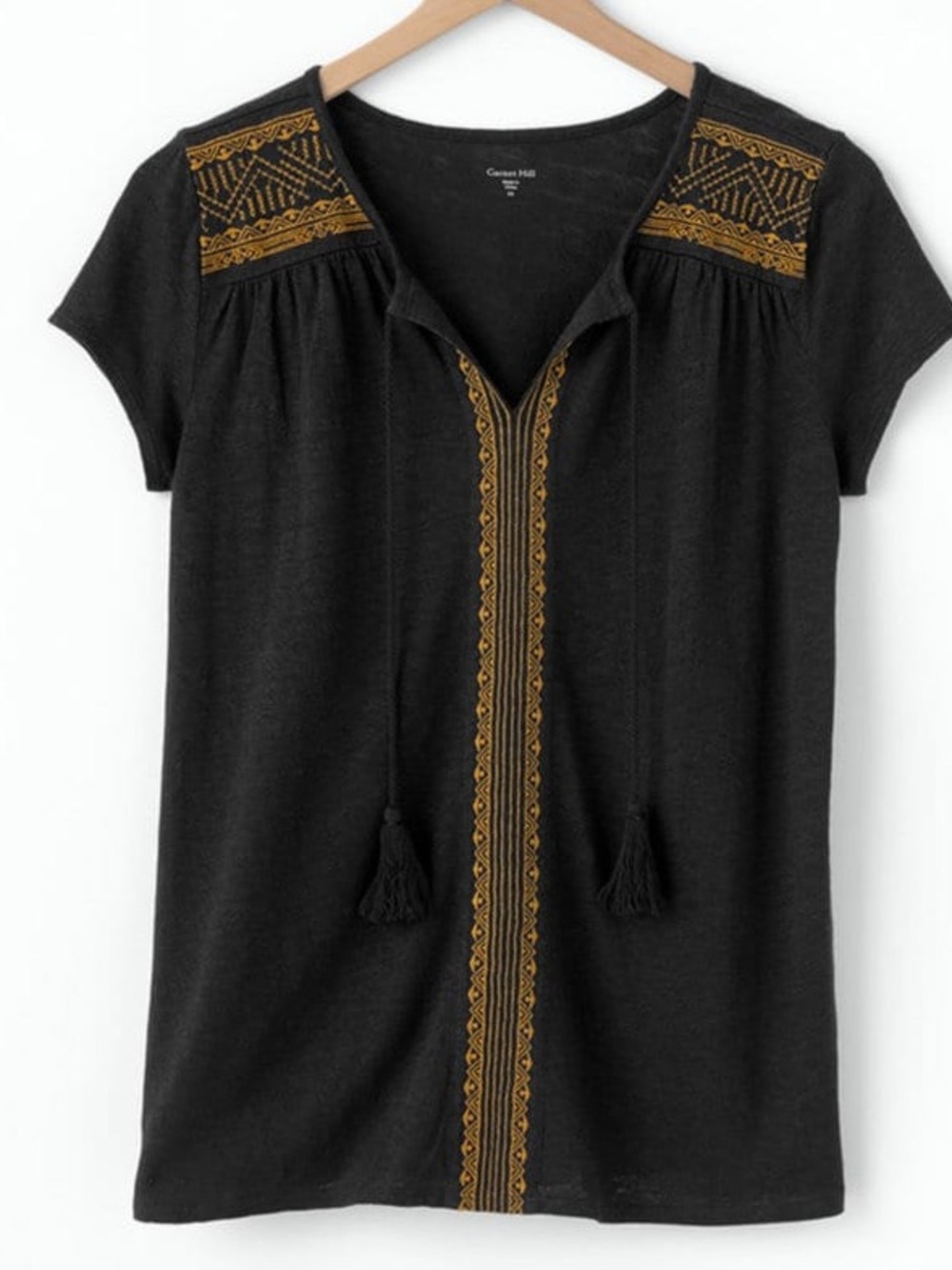 Garnet Hill Embroidered Organic Linen Split Neck Tee Medium Black Short Sleeve